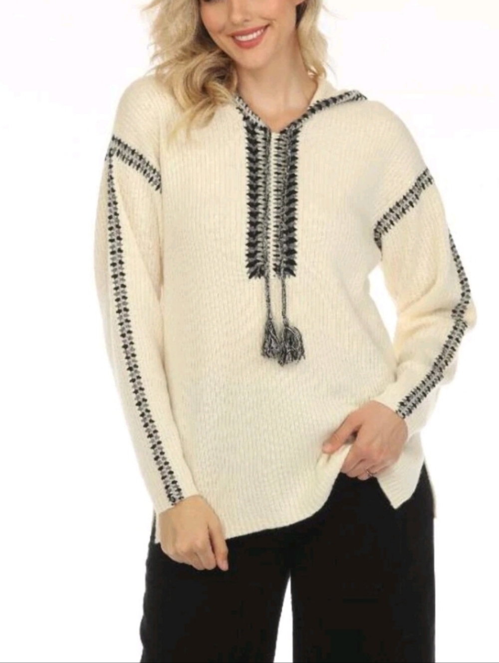 Johnny Was Cream Hooded Crewneck Sweater with Black Whipstitch
